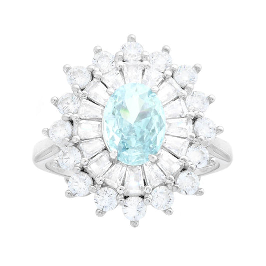 Ovaler Aquamarin-Ring, umrahmt von weißen trapezförmigen Zirkonien, aus Silber 925 galvanisch rhodiniert - MeinSchmuckShop