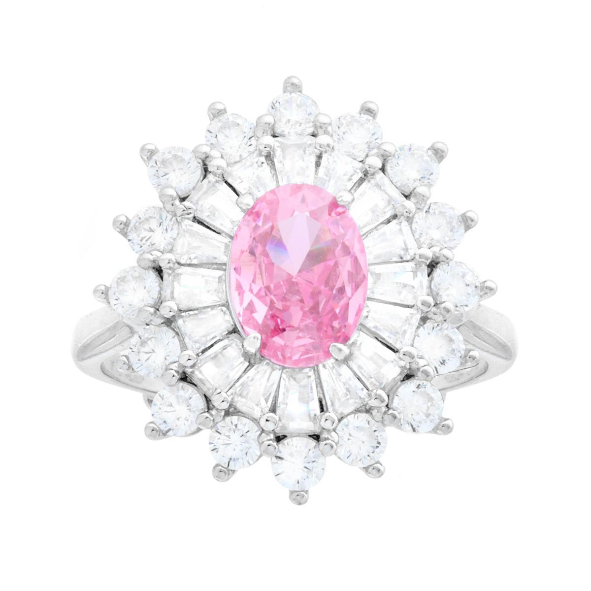Rosafarbener ovaler Ring, umrahmt von weißen trapezförmigen Cubic-Zirconia in 925er Silber, galvanisch rhodiniert - MeinSchmuckShop