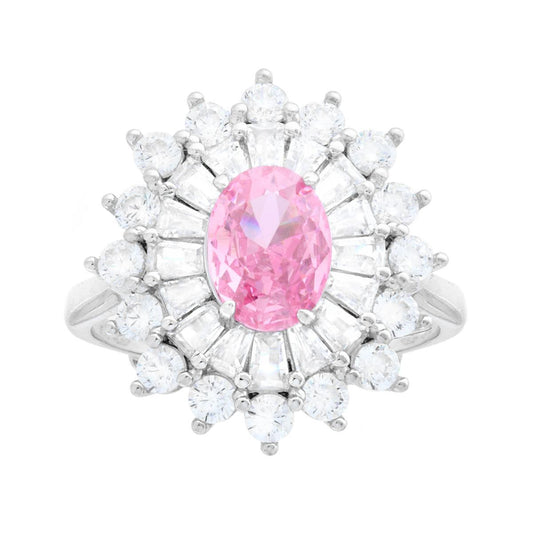 Rosafarbener ovaler Ring, umrahmt von weißen trapezförmigen Cubic-Zirconia in 925er Silber, galvanisch rhodiniert - MeinSchmuckShop