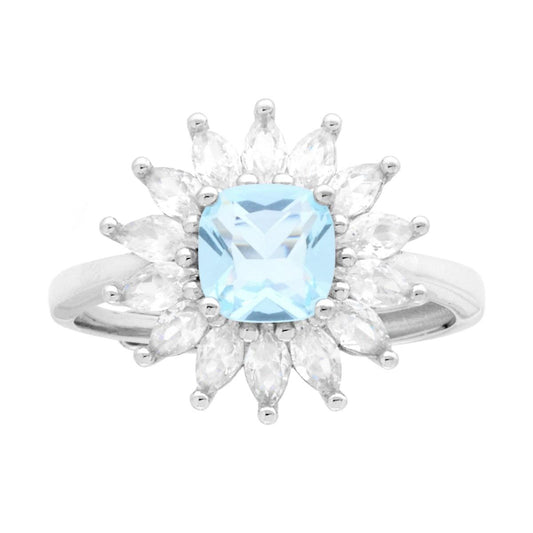 Solitärring, quadratischer Cushion, Aquamarin, umrahmt von weißen Cubic Zirconia Marquise, in 925er Silber rhodiniert - MeinSchmuckShop