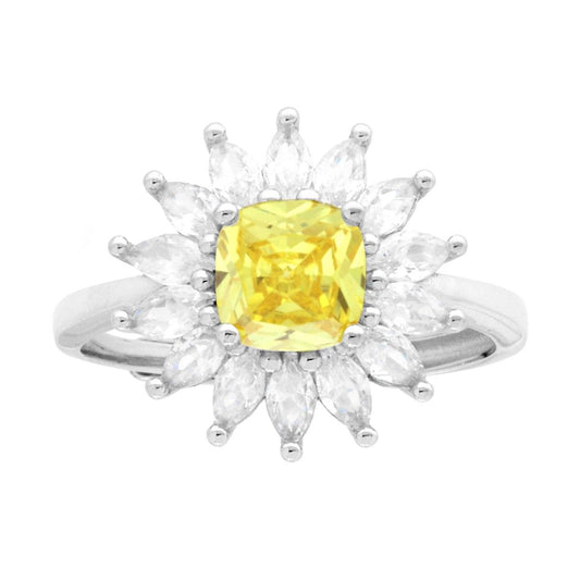 Solitärring, quadratisch, Kissen-Schliff, Gelber Topas, von weißen Marquise-Cubic-Zirkonien umrahmt, aus 925er Silber, galvanisch rhodiniert - MeinSchmuckShop