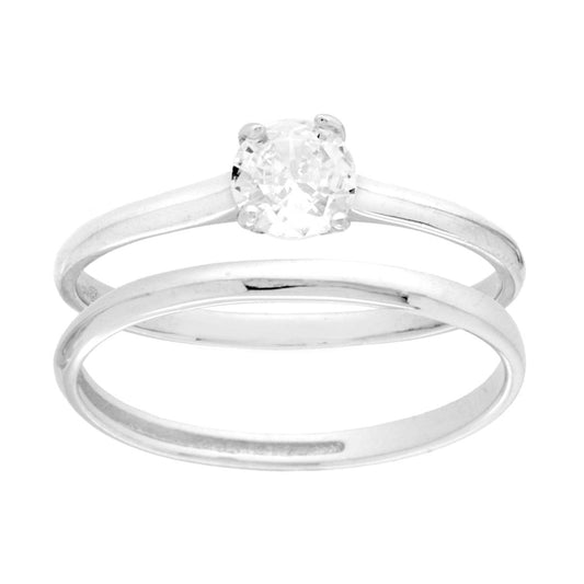 Doppelring mit Trauring und Solitär, mit weißen Cubic-Zirkonien, 5 mm, 925er Silber, rhodiniert. - MeinSchmuckShop