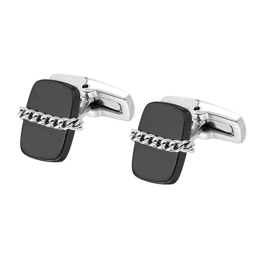 Zubehör Manschettenknöpfe Männer Rechteckig Schwarz mit Grumetta-Kette mm 13 x 15 aus Edelstahl - MeinSchmuckShop