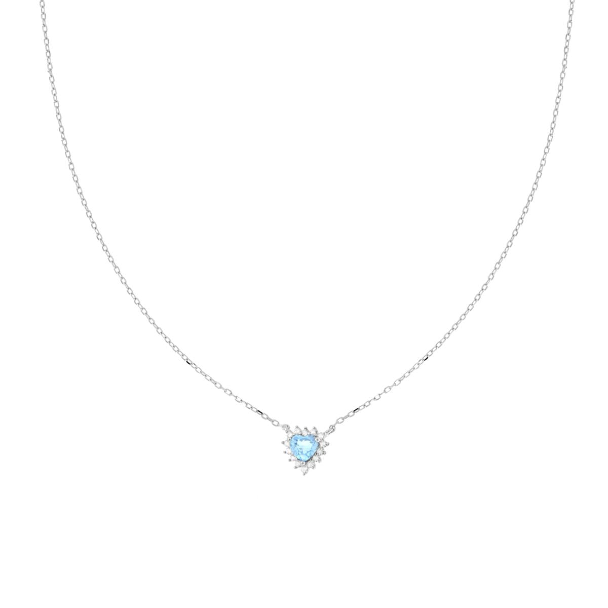 Diamantierte Ankerkette mit Aquamarin-Herz, umrundet von weißen Cubic Zirconia, aus 925er Silber, rhodiniert - MeinSchmuckShop