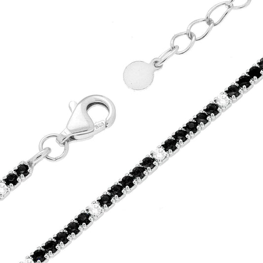 Tennisarmband 16+3 cm mit Zirkonen 1,5 mm, abwechselnd schwarz und weiß, aus 925er Silber rhodiniert. - MeinSchmuckShop