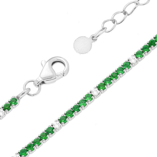 Tennisarmband mit Griffen, 16+3 cm, mit Zirkonien von 1,5 mm, abwechselnd Smaragdgrün und Weiß, aus 925er Silber, galvanisch rhodiniert - MeinSchmuckShop