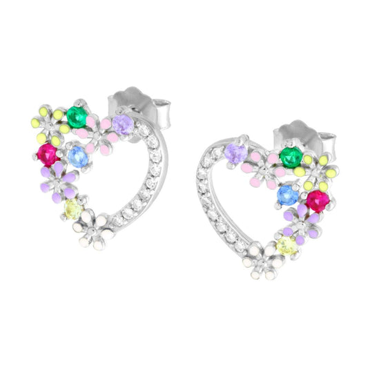 Ohrringe Herzform mit Emaille-Blumen und multicolor Cubic Zirconia aus 925er Silber, rhodiniert. - MeinSchmuckShop