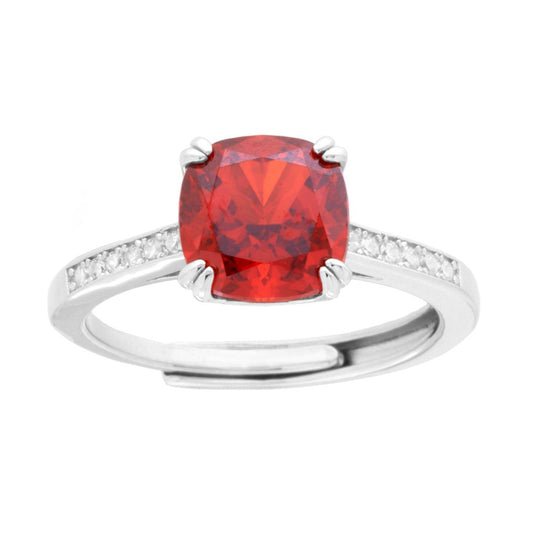 Solitärring quadratischer Cushion-Schliff rubinrot mit weißen Cubic Zirconia aus 925er Silber rhodiniert - MeinSchmuckShop