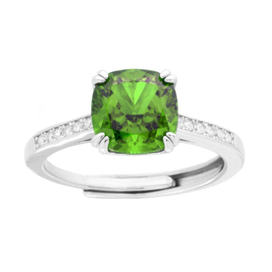Solitärring, quadratische Kissenform, grüner Peridot, mit weißen Zirkonien, aus 925er Silber rhodiniert - MeinSchmuckShop