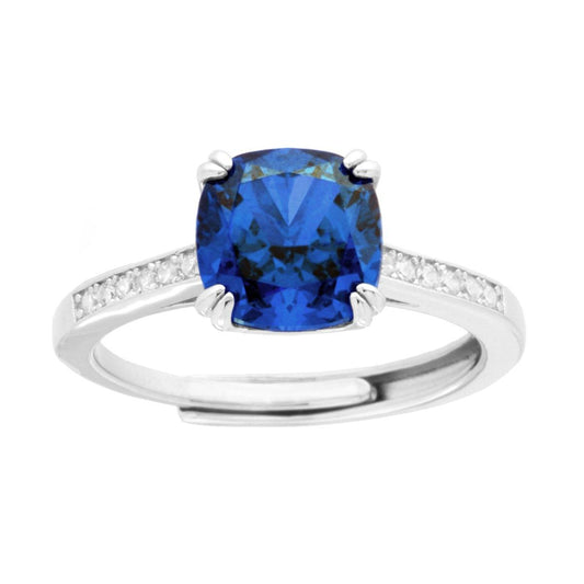 Solitärring im quadratischen Kissen-Schliff, Blau Saphir, mit weißen Cubic Zirconia, in rhodiniertem 925er Silber - MeinSchmuckShop