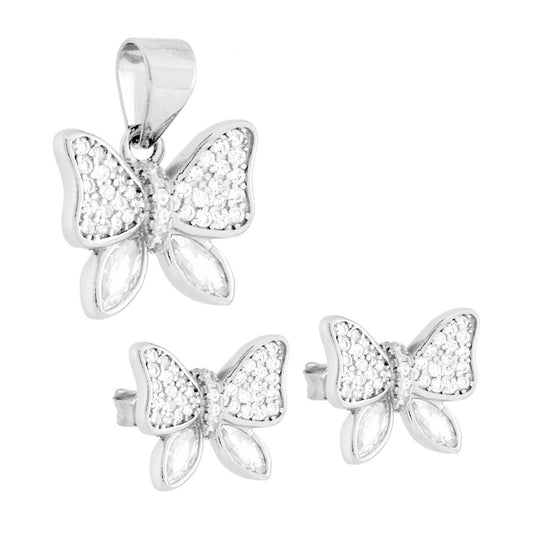 Schmuckset Ohrringe und Anhänger – Schmetterling mit weißen Cubic Zirconia – Silber 925, rhodiniert - MeinSchmuckShop