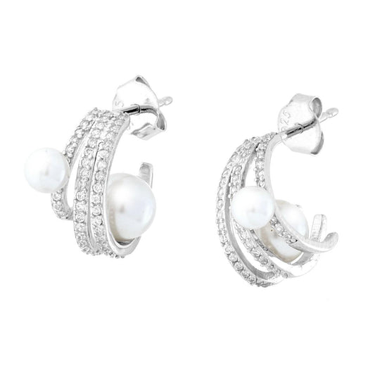 Ohrringe Creolen mit Perlen und weißen Cubic Zirconia in Silber 925 rhodiniert - MeinSchmuckShop