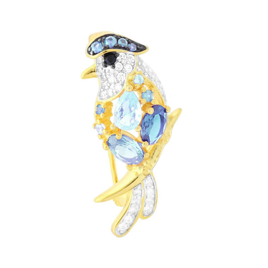 Papageienbrosche mit Cubic Zirconia, Aquamarin und weißen Steinen, aus 925er Silber, vergoldet - MeinSchmuckShop