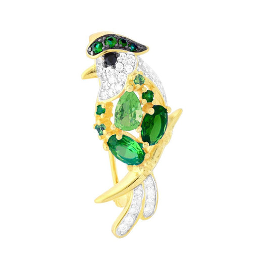 Brosche Papagei mit grünen Smaragd- und weißen Cubic-Zirconia in 925er Silber, galvanisch Gold - MeinSchmuckShop