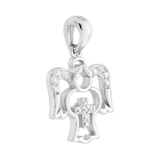 Anhänger Engel und Kreuz mit weißen Cubic Zirconia aus 925er Silber, rhodiumveredelt - MeinSchmuckShop