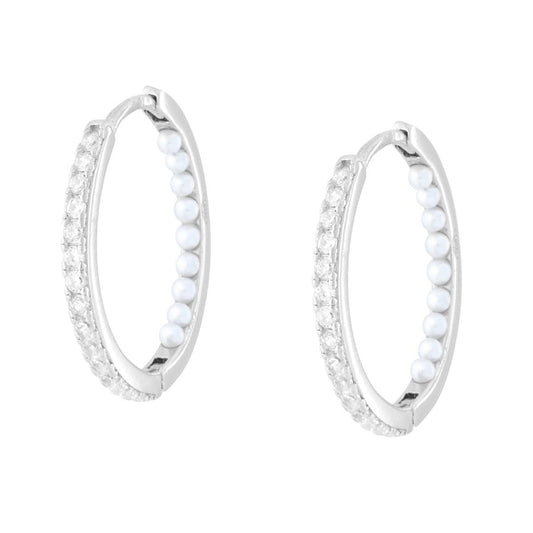Creolen mit Schnappverschluss aus 925er Silber, rhodiniert, mit weißen Perlen und Cubic Zirconia. - MeinSchmuckShop