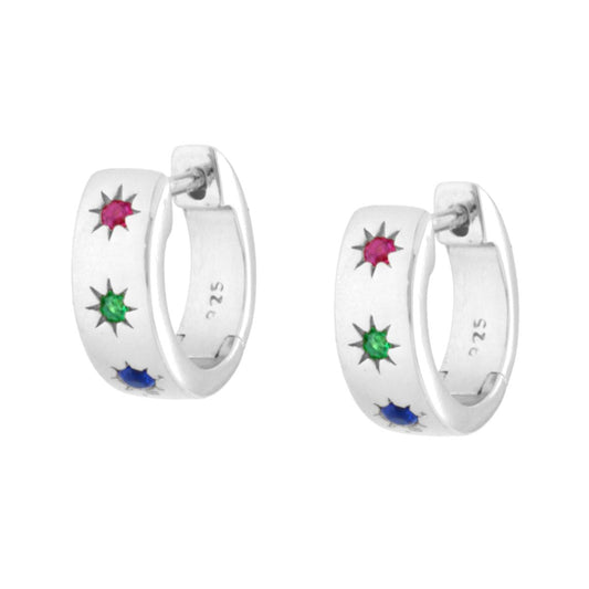 Ohrstecker-Hoop mit Schnappverschluss, mit mehrfarbigen Cubic-Zirconia-Sternen, rhodiniertes 925er Silber - MeinSchmuckShop