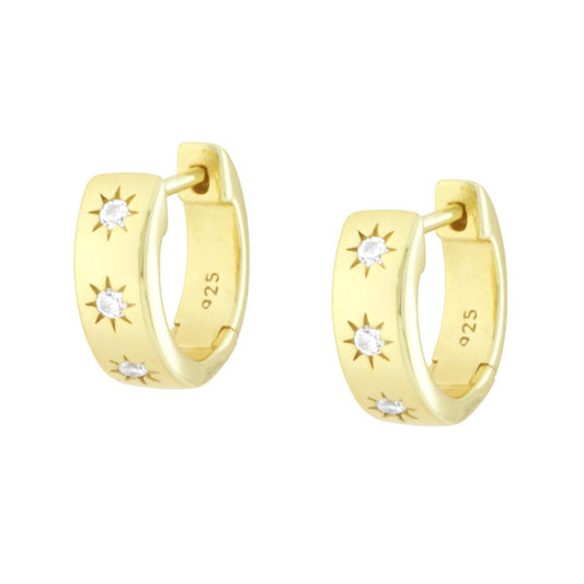 Ohrringe Kreis-Hoops mit Schnappverschluss, weiße Cubic-Zirkonia-Sterne, aus 925er Sterling-Silber, Goldplattiert - MeinSchmuckShop