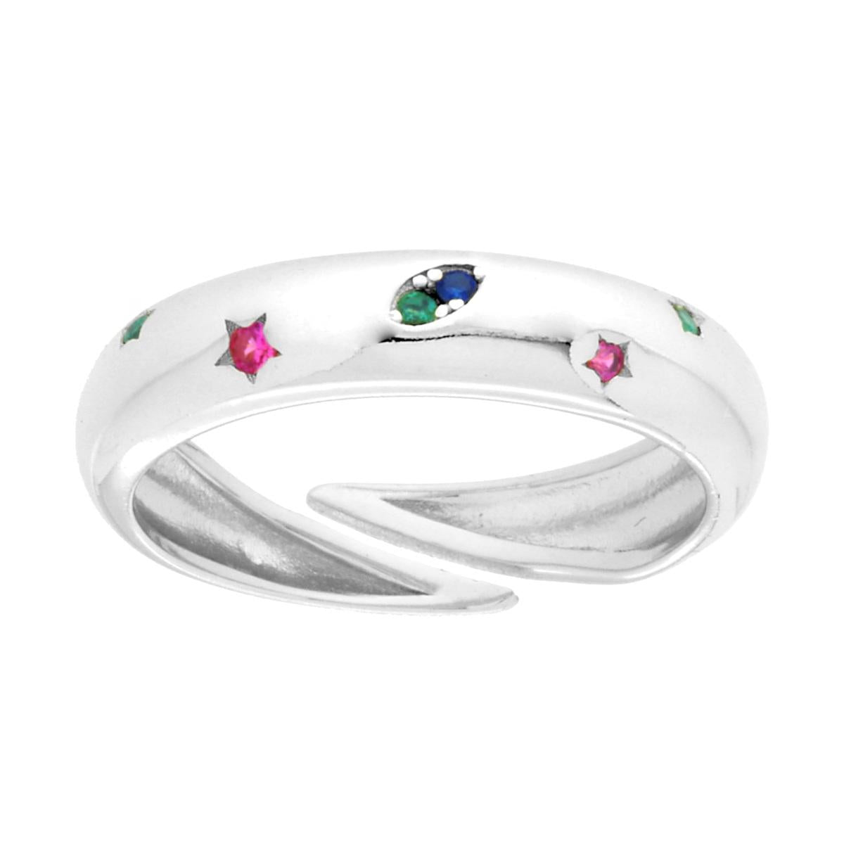Ringband mit Lichtpunkten und Sternen, Cubic Zirconia, Multicolor, Rubin, Smaragd, Saphir aus 925er Silber, galvanisch Rhodium - MeinSchmuckShop