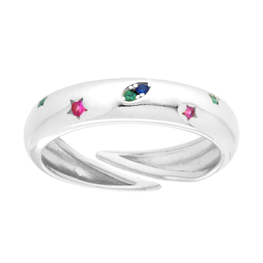 Ringband mit Lichtpunkten und Sternen, Cubic Zirconia, Multicolor, Rubin, Smaragd, Saphir aus 925er Silber, galvanisch Rhodium - MeinSchmuckShop