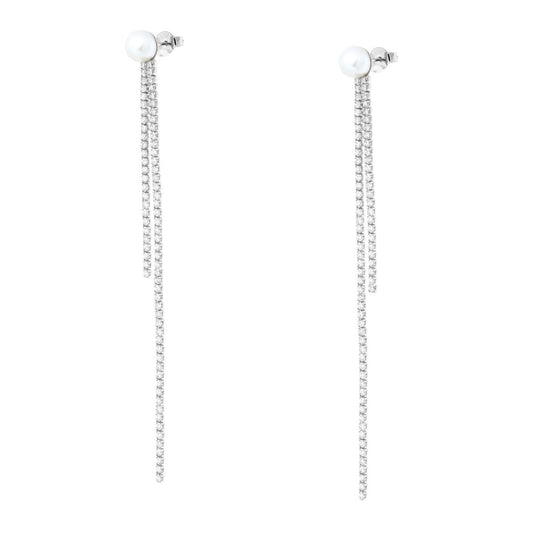 Lange Ohrringe mit Perle und zwei Tennis-Faden-Anhängern, mit weißen Cubic Zirconia, aus 925er Silber rhodiniert. - MeinSchmuckShop