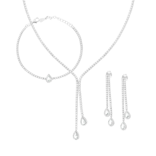Schmuckset Tennis: Ohrringe, Halskette und Armband mit weißen Tropfen, umrahmt von weißen Cubic-Zirkonien, aus 925er Silber, rhodiniert. - MeinSchmuckShop