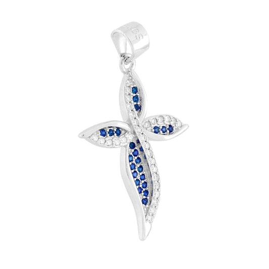 Kreuzanhänger mit Blättern und Cubic Zirconia in Blau Saphir und Weiß, Silber 925 galvanisch rhodiniert - MeinSchmuckShop