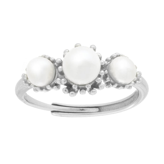 Trilogie-Ring mit weißen Perlen, Koralleffekt-Verarbeitung aus 925er Silber, rhodiniert. - MeinSchmuckShop