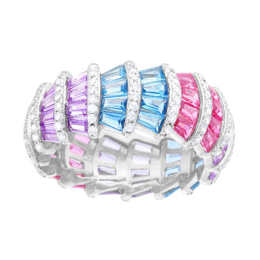 Ring, Band im Eternity-Stil, mit weißen Cubic Zirconia und Cubic Zirconia im Baguette-Schliff, Rosa, Flieder, Aquamarin; aus 925er Silber, rhodiniert. - MeinSchmuckShop
