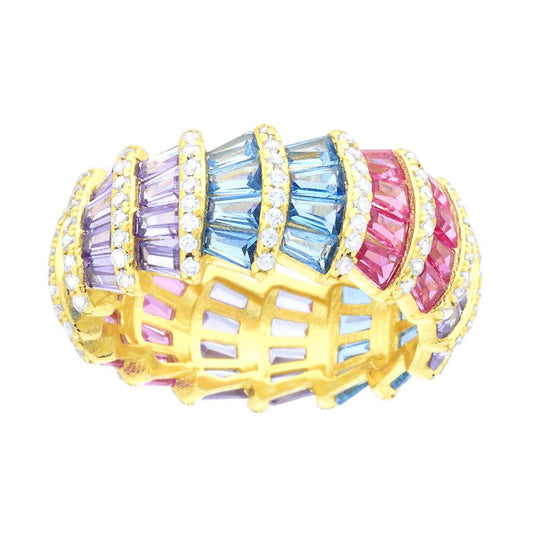 Eternity-Band-Ring mit weißen Zirkonien und Zirkonien im Baguette-Schliff in Rosa, Flieder und Aquamarin, aus Silber 925, goldbeschichtet - MeinSchmuckShop
