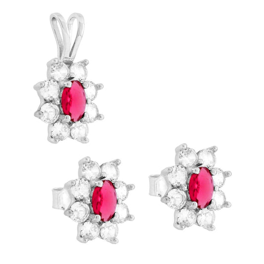Schmuckset mit Ohrringen und Anhänger, ovaler Cubic Zirconia rubinrot, umgeben von weißen Cubic Zirconia, aus 925er Silber, rhodiniert - MeinSchmuckShop
