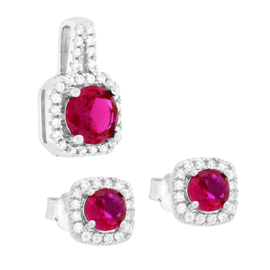 Schmuckset aus Ohrringen und Anhänger, quadratischer Cubic Zirconia, runder Rubinrot, umrahmt von weißen Cubic Zirconia, in Silber 925 galvanisch rhodiniert - MeinSchmuckShop
