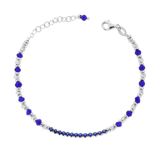 Armband mit diamantierten Kugeln, Cubic Zirconia und blauem Saphirkristall, aus 925er Silber rhodiniert - MeinSchmuckShop