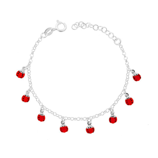 Armband für Jungen und Mädchen, Rolo-Kette diamantiert, mit rot emaillierten Marienkäfer-Anhängern aus 925er Silber - MeinSchmuckShop