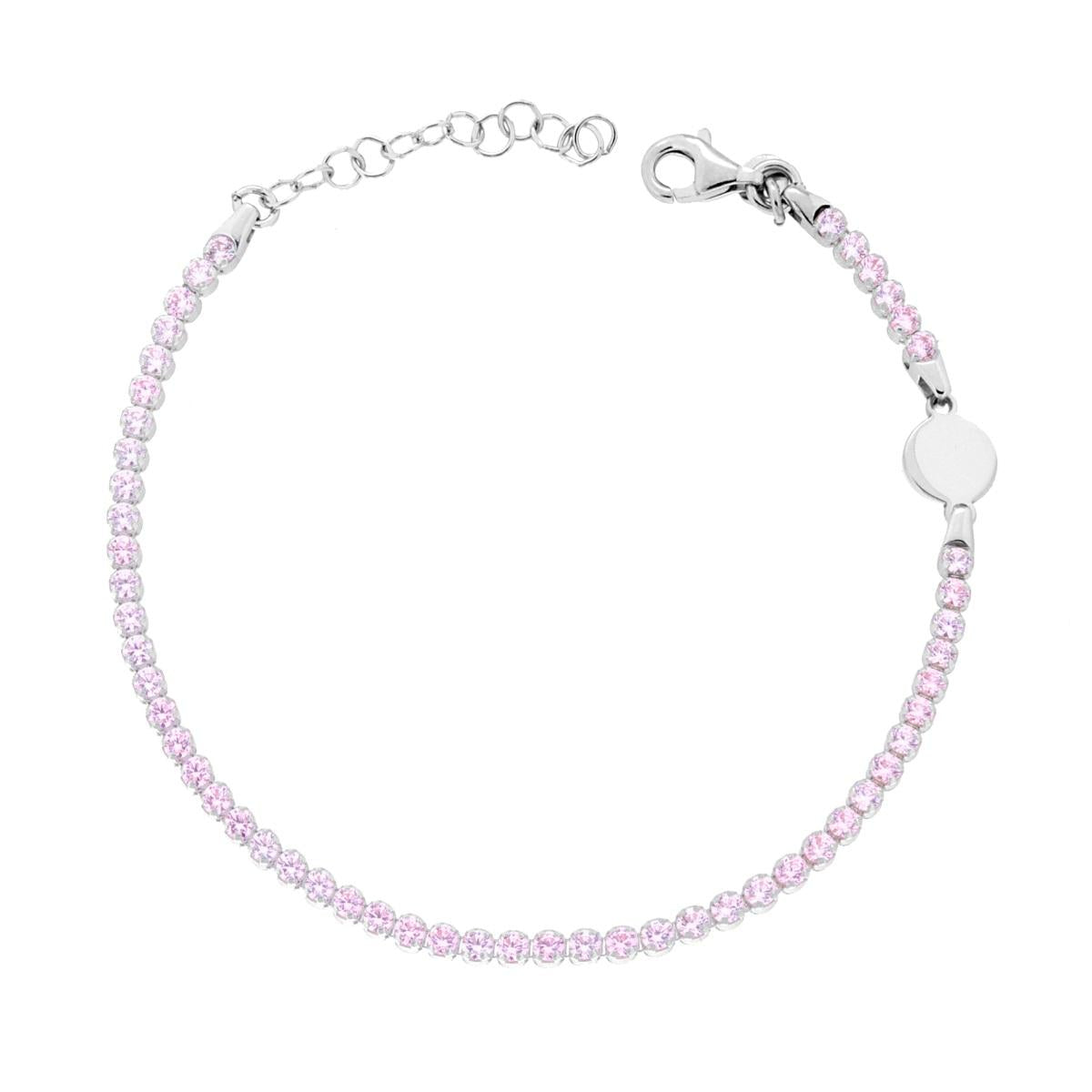 Tennisarmband mit pinkem Cubic Zirconia, Griffe mit runder Plakette aus rhodiniertem 925er Silber - MeinSchmuckShop