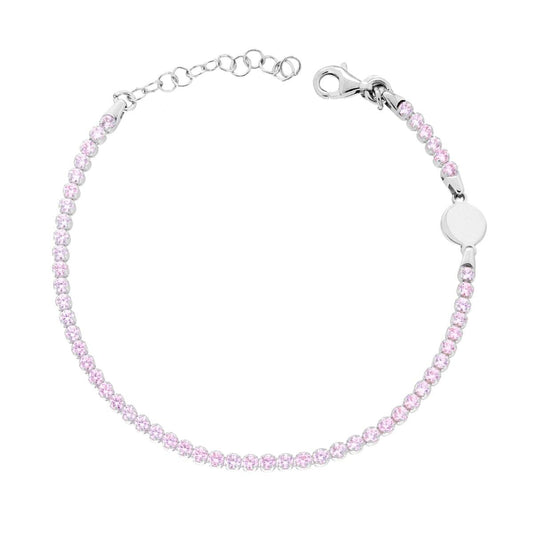 Tennisarmband mit pinkem Cubic Zirconia, Griffe mit runder Plakette aus rhodiniertem 925er Silber - MeinSchmuckShop
