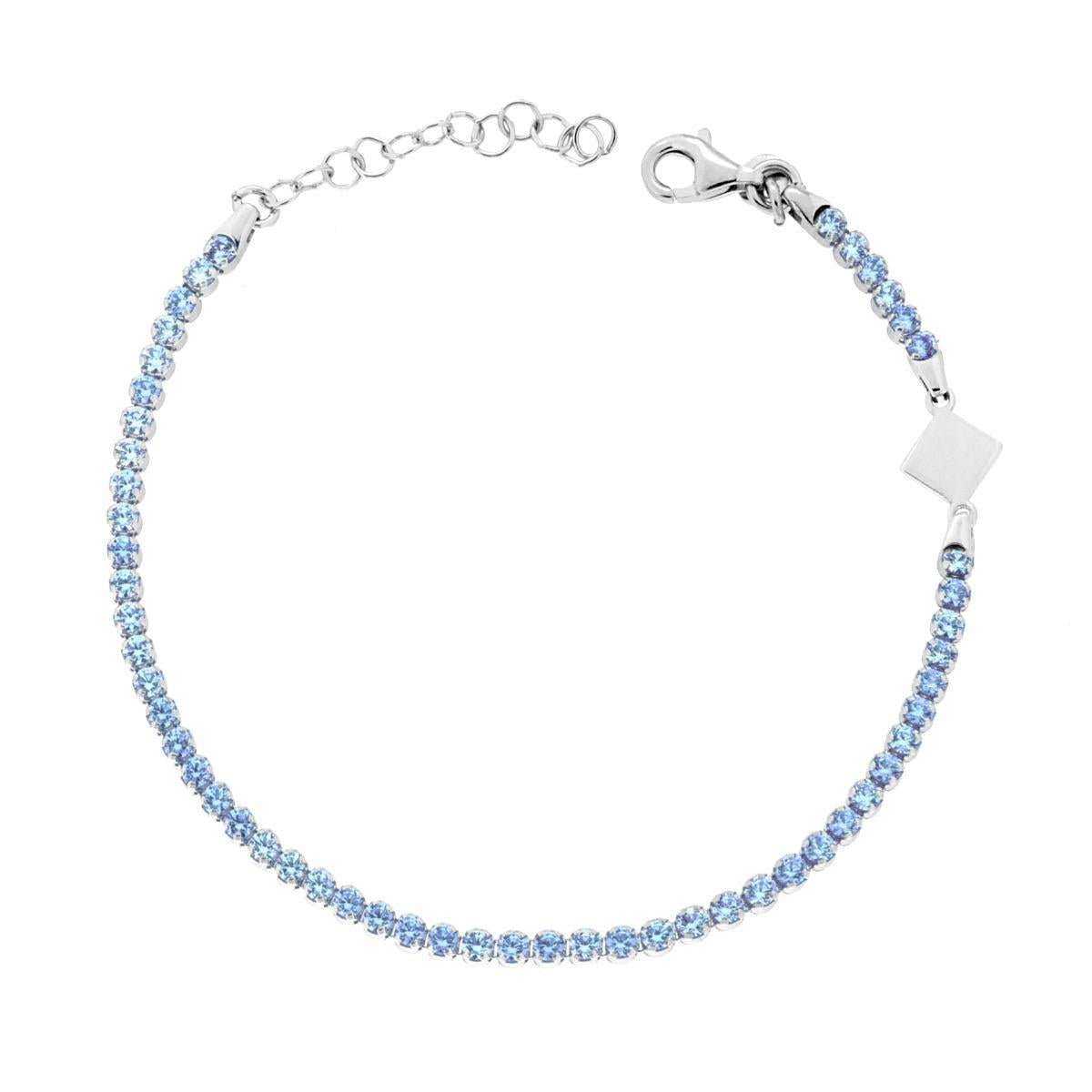Tennis-Armband mit Krappenfassung für Aquamarin-Cubic-Zirconia, quadratische Plakette, 925er Silber, rhodiniert. - MeinSchmuckShop