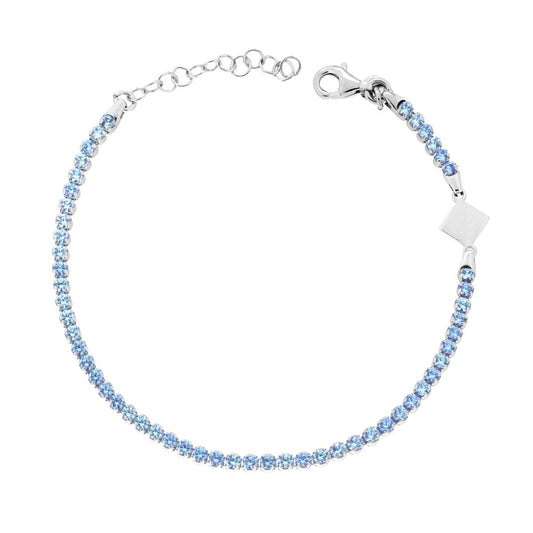 Tennis-Armband mit Krappenfassung für Aquamarin-Cubic-Zirconia, quadratische Plakette, 925er Silber, rhodiniert. - MeinSchmuckShop