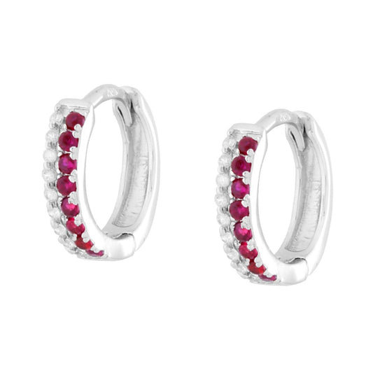 Ohrstecker Creolen mit Klappverschluss, mit rubinroten und weißen Cubic Zirconia, aus 925er Silber rhodiniert - MeinSchmuckShop
