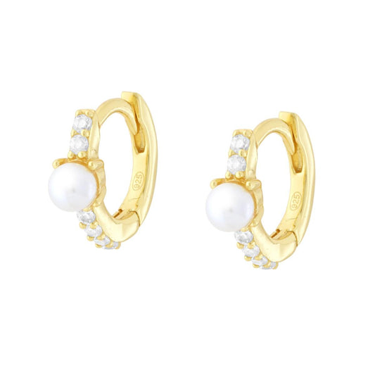 Ohrring aus Kreishaken mit Perle und weißen Cubic Zirconia in 925er Silber, vergoldet - MeinSchmuckShop