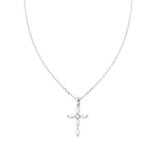 Kette mit diamantierter Gliederkette, Kreuz und Cubic Zirconia, weiße Marquise-Steine, Silber 925, rhodiniert - MeinSchmuckShop