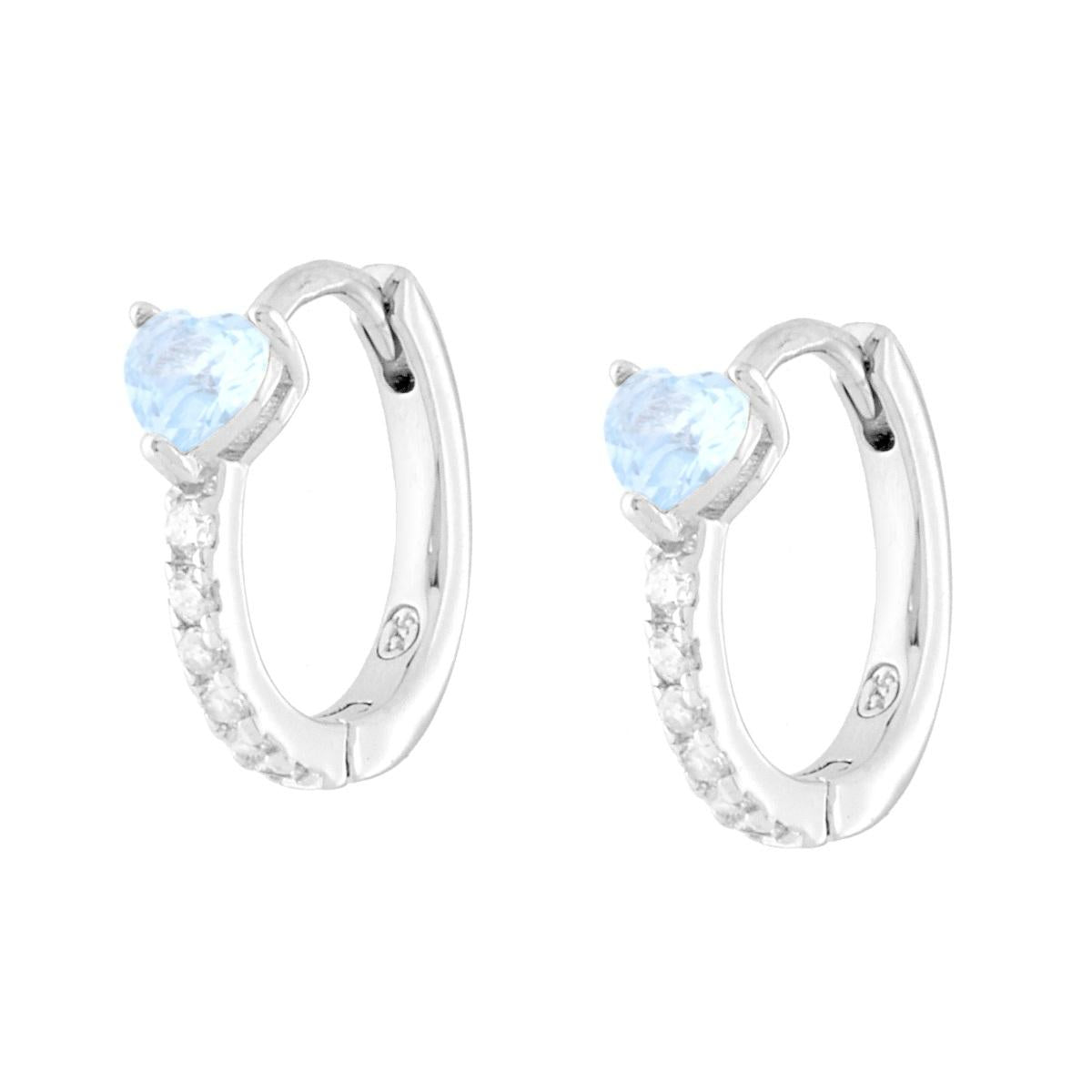Kreis-Ohrringe mit Schnappverschluss, Herz aus Aquamarin und weißen Cubic Zirconia, rhodiniert auf 925er Silber - MeinSchmuckShop