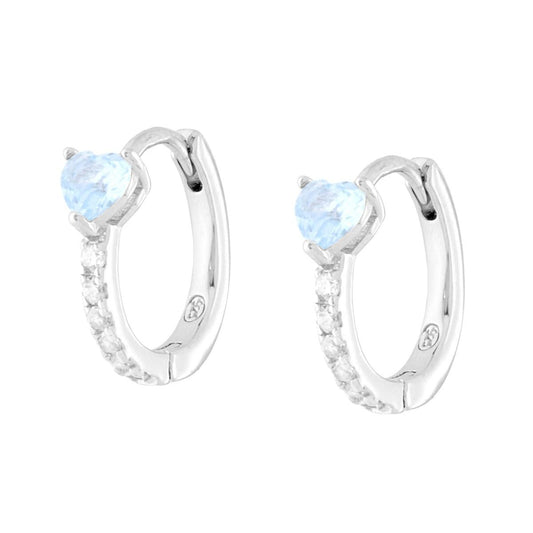 Kreis-Ohrringe mit Schnappverschluss, Herz aus Aquamarin und weißen Cubic Zirconia, rhodiniert auf 925er Silber - MeinSchmuckShop