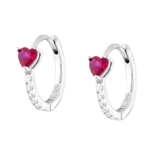 Creolen mit Schnappverschluss, rotes Rubinherz und weiße Cubic Zirconia, rhodiniertes 925er Silber - MeinSchmuckShop