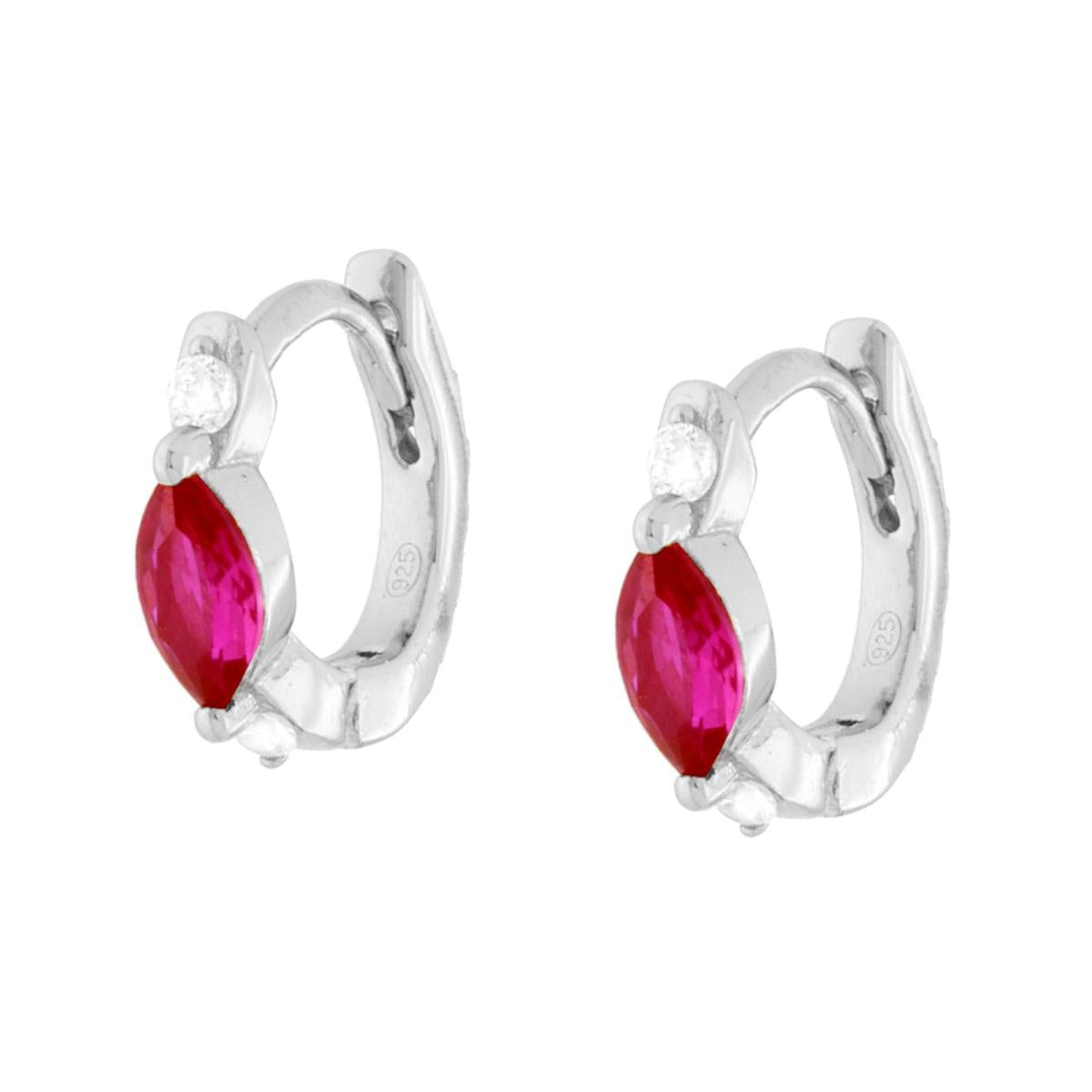 Ohrhänger Creolen mit Klappverschluss, mit rotem Marquise-Rubín und weißen Cubic-Zirkonien, aus 925er Silber rhodiniert - MeinSchmuckShop