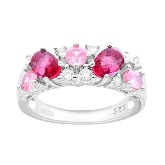 Ring mit Bouquet aus Cubic Zirconia in Rot, Rubinrot, Rosa und Weiß, aus 925er Silber, rhodiniert. - MeinSchmuckShop