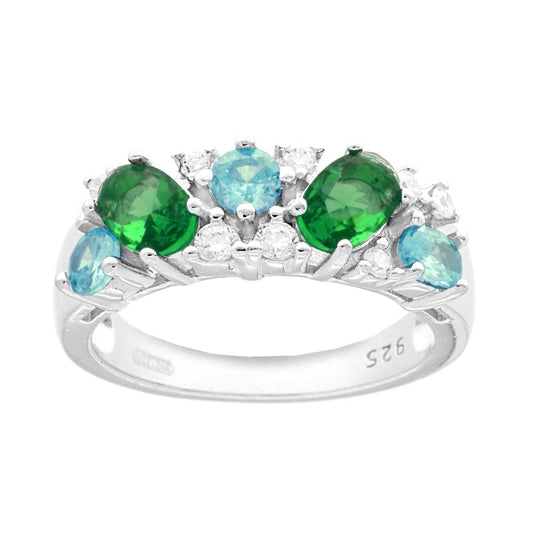 Ring mit Bouquet aus Cubic Zirconia in Smaragdgrün, Aquamarine und Weiß, rhodiniertem 925er Silber - MeinSchmuckShop