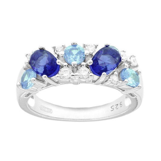 Ring mit Bouquet aus Cubic Zirconia Blau Saphir, Aquamarin und Weiß in 925er Silber galvanisiert Rhodium - MeinSchmuckShop