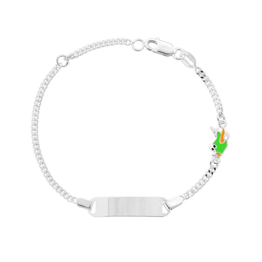 Kinderarmband mit Grumetta-Kette, diamantiert, mit rechteckiger Plakette und Flugzeug-Emaille in Orange und Grün aus 925er Silber - MeinSchmuckShop