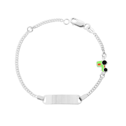 Kinderarmband Kette Grumetta diamantierte mit rechteckiger Plakette und Traktor emailliert in Orange und Grün aus Silber 925 - MeinSchmuckShop